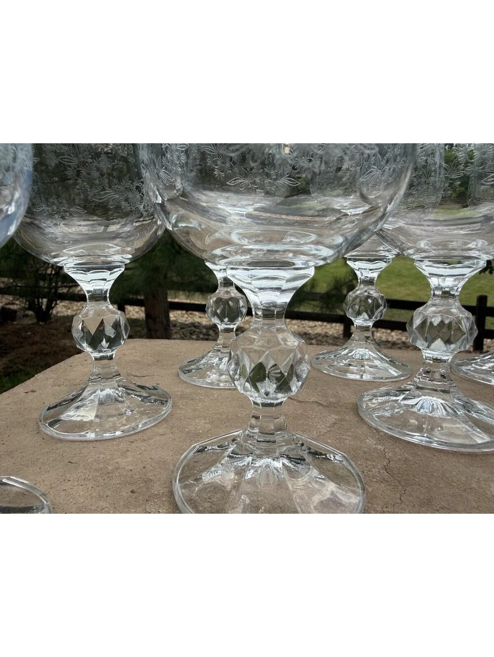 7 Vintage Bohemia Crystal Etched Cascade Wine Glass Goblets Ball Stem 5 3/4. “